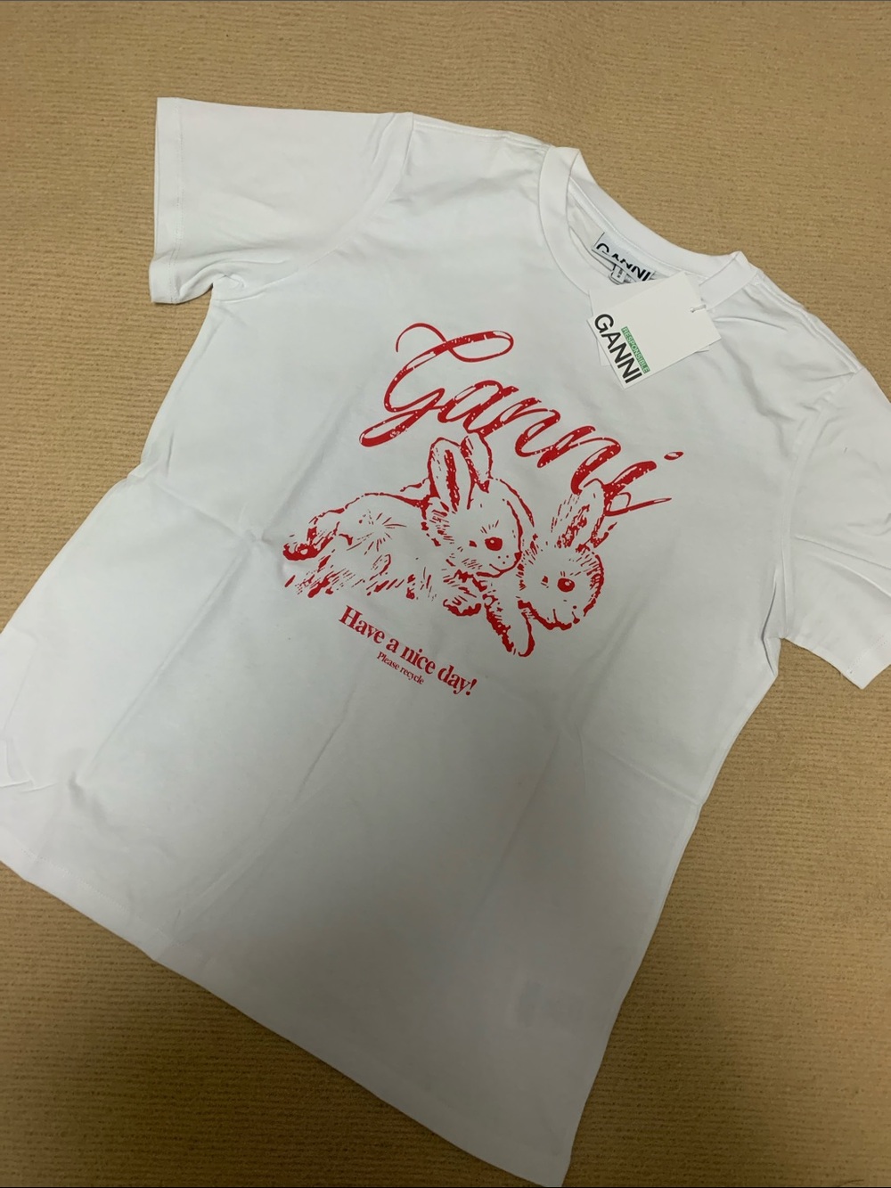 Ganni White Tee with Red Bunny Graphic